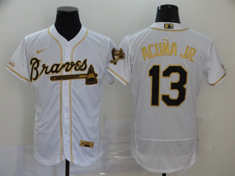 Men Atlanta Braves #13 Acuna jr White Retro gold character Nike Elite MLB Jerseys